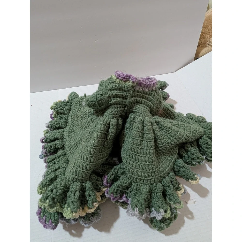 Vintage Handmade Crochet Doll Dress Green Ruffled Knit Skirt 21 Inch Diameter